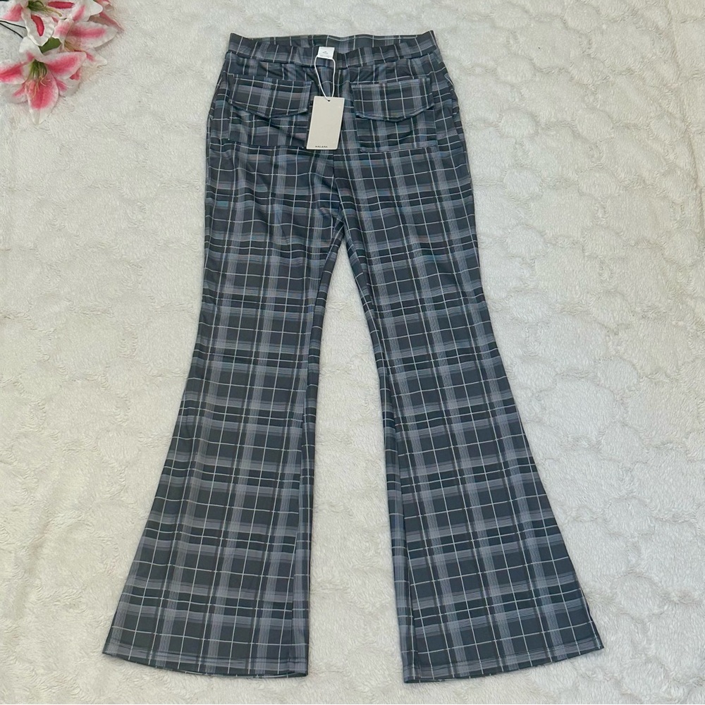 NWT Halara - Gray Blue High Waisted Plaid Casual Flare Pants - Medium